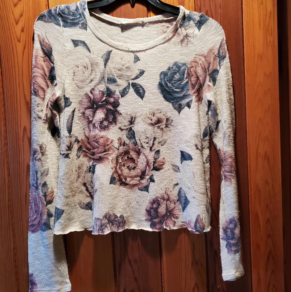 Gaze USA light knit beige multicolour floral crew neck long sleeve sweater